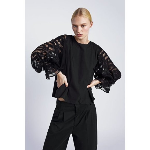 Zara Tops - NEW! ZARA Black Chiffon Puff Sleeve Lace Blouse
